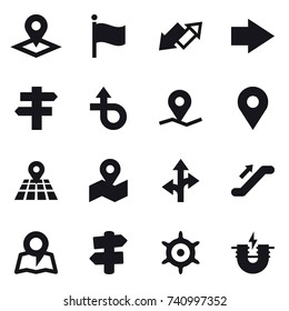 16 vector icon set : pointer, flag, up down arrow, right arrow, singlepost, escalator, map, signpost, handwheel