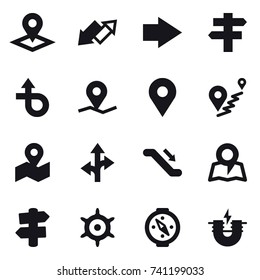 16 vector icon set : pointer, up down arrow, right arrow, singlepost, escalator, map, signpost, handwheel, compass