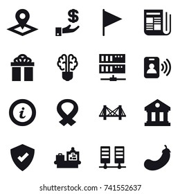 16 vector icon set : pointer, investment, flag, newspaper, gift, bulb brain, server, pass card, info, bridge, library, baggage checking, eggplant