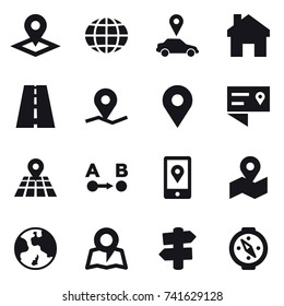 16 vector icon set : pointer, globe, car pointer, home, earth, map, signpost, compass