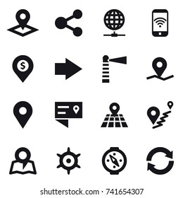 16 vector icon set : pointer, share, globe connect, phone wireless, dollar pin, right arrow, lighthouse, map, handwheel, compass, reload