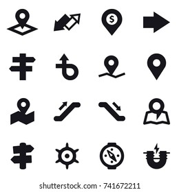 16 vector icon set : pointer, up down arrow, dollar pin, right arrow, singlepost, escalator, map, signpost, handwheel, compass