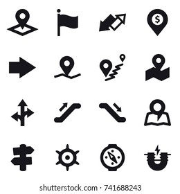 16 vector icon set : pointer, flag, up down arrow, dollar pin, right arrow, escalator, map, signpost, handwheel, compass