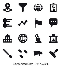 16 vector icon set : pointer, funnel, globe, report, diagram, graph, flag, message, cottage, stands for knives, fireplace, big spoon, seeds, pig, scraper