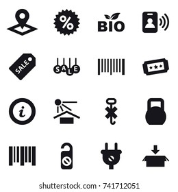 16 vector icon set : pointer, percent, bio, pass card, sale label, sale, barcode, ticket, info, do not distrub, package