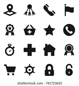 16 vector icon set : pointer, share, phone, flag, medal, add to basket, star, stopwatch, home, handwheel, locked