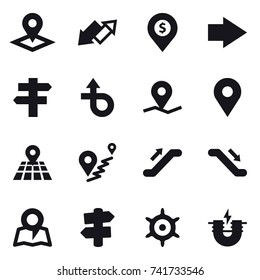 16 vector icon set : pointer, up down arrow, dollar pin, right arrow, single post, escalator, map, signpost, hand wheel