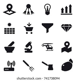 16 vector icon set : pointer, share, bulb, graph up, sun power, add to cart, funnel, diamond, big fork, turk