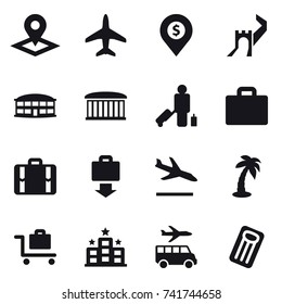 16 vector icon set : pointer, plane, dollar pin, greate wall, airport building, passenger, suitcase iocn, suitcase, baggage get, arrival, palm, baggage trolley, hotel, transfer, inflatable mattress