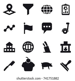 16 vector icon set : pointer, funnel, globe, report, graph, flag, message, segway, cottage, stands for knives, fireplace, chef knife, pig, scraper
