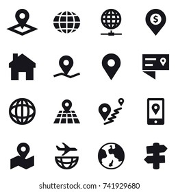 16 vector icon set : pointer, globe, globe connect, dollar pin, home, earth, signpost