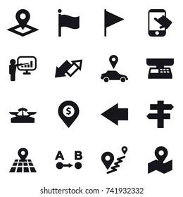 16 vector icon set : pointer, flag, touch, presentation, up down arrow, car pointer, market scales, scales, dollar pin, left arrow, singlepost