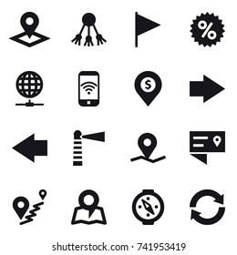 16 vector icon set : pointer, share, flag, percent, globe connect, phone wireless, dollar pin, right arrow, left arrow, lighthouse, map, compass, reload