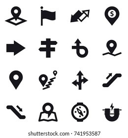 16 vector icon set : pointer, flag, up down arrow, dollar pin, right arrow, singlepost, escalator, map, compass