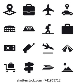 16 vector icon set : pointer, portfolio, plane, car pointer, airport building, taxi, tourist, suitcase iocn, ticket, suitcase, arrival, tent, baggage trolley, signpost, yacht, landscape
