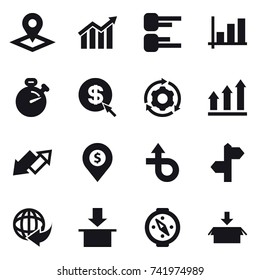 16 vector icon set : pointer, diagram, graph, stopwatch, dollar arrow, around gear, graph up, up down arrow, dollar pin, compass, package