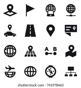 16 vector icon set : pointer, flag, notebook globe, globe connect, car pointer, globe, compass, hierarchy