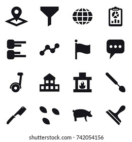 16 vector icon set : pointer, funnel, globe, report, diagram, graph, flag, message, segway, cottage, fireplace, big spoon, chef knife, seeds, pig, scraper