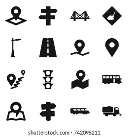 16 vector icon set : pointer, singlepost, bridge, under construction, outdoor light, bus, map, signpost, sweeper