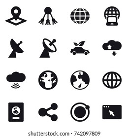16 vector icon set : pointer, share, globe, notebook globe, satellite antenna, eco car, cloude service, cloud wireless, earth, passport