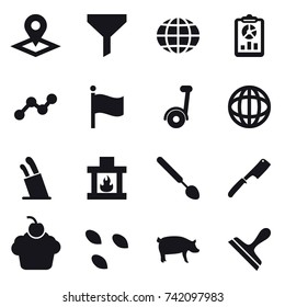 16 vector icon set : pointer, funnel, globe, report, graph, flag, segway, stands for knives, fireplace, big spoon, chef knife, seeds, pig, scraper