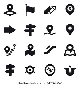 16 vector icon set : pointer, flag, up down arrow, dollar pin, right arrow, singlepost, escalator, map, signpost, handwheel, compass