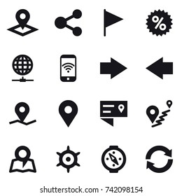 16 vector icon set : pointer, share, flag, percent, globe connect, phone wireless, right arrow, left arrow, map, handwheel, compass, reload