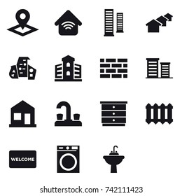 16 vector icon set : pointer, wireless home, skyscraper, houses, modern architecture, building, brick wall, district, home, water tap, chest of drawers, radiator, welcome mat, washing machine
