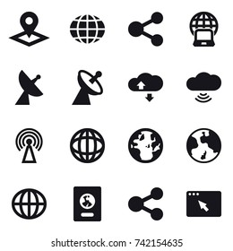 16 vector icon set : pointer, globe, share, notebook globe, satellite antenna, cloud service, cloud wireless, antenna, earth, passport