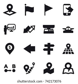 16 vector icon set : pointer, flag, touch, presentation, up down arrow, market scales, scales, dollar pin, left arrow, single post, map