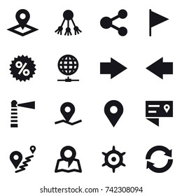 16 vector icon set : pointer, share, flag, percent, globe connect, right arrow, left arrow, lighthouse, map, hand wheel, reload