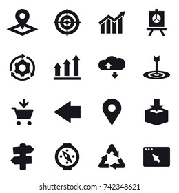 16 vector icon set : pointer, target, diagram, presentation, around gear, graph up, cloude service, add to cart, left arrow, signpost, compass