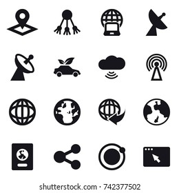 16 vector icon set : pointer, share, notebook globe, satellite antenna, eco car, cloud wireless, antenna, earth, passport