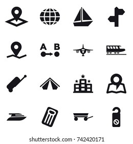 16 vector icon set : pointer, globe, boat, plane, train, suitcase, tent, hotel, map, yacht, inflatable mattress, trailer, do not distrub