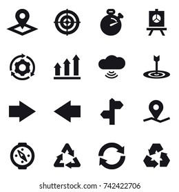 16 vector icon set : pointer, target, stopwatch, presentation, around gear, graph up, cloud wireless, right arrow, left arrow, compass, reload, recycling