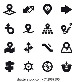 16 vector icon set : pointer, up down arrow, dollar pin, right arrow, escalator, map, signpost, handwheel, compass