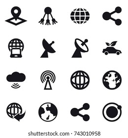 16 vector icon set : pointer, share, globe, notebook globe, satellite antenna, eco car, cloud wireless, antenna, earth