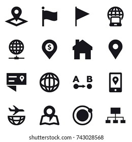 16 vector icon set : pointer, flag, notebook globe, globe connect, dollar pin, home, map, hierarchy