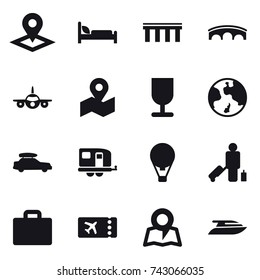 16 vector icon set : pointer, bridge, earth, car baggage, trailer, air ballon, passenger, suitcase iocn, ticket, map, yacht