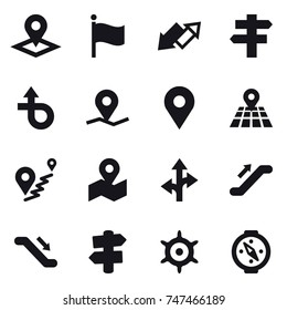 16 vector icon set : pointer, flag, up down arrow, singlepost, escalator, signpost, handwheel, compass