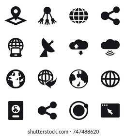 16 vector icon set : pointer, share, globe, notebook globe, satellite antenna, cloude service, cloud wireless, earth, passport