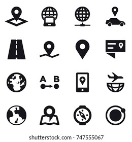 16 vector icon set : pointer, notebook globe, globe connect, car pointer, earth, map, compass