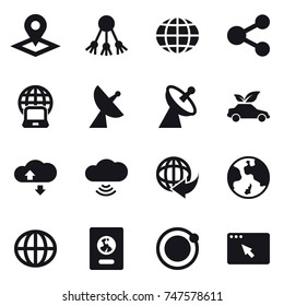 16 vector icon set : pointer, share, globe, notebook globe, satellite antenna, eco car, cloud service, cloud wireless, earth, passport