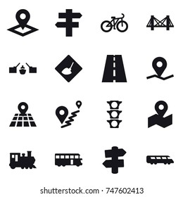 16 vector icon set : pointer, singlepost, bike, bridge, drawbridge, under construction, train, bus, signpost