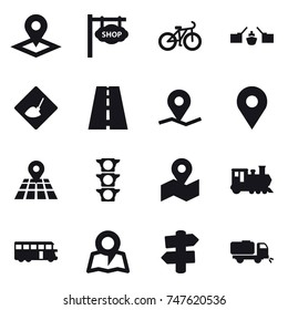 16 vector icon set : pointer, shop signboard, bike, drawbridge, under construction, train, bus, map, signpost, sweeper