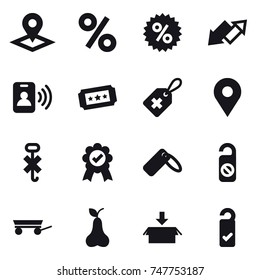 16 vector icon set : pointer, percent, up down arrow, pass card, ticket, do not distrub, trailer, pear, package, please clean