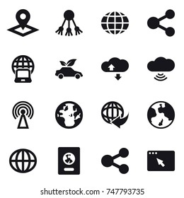 16 vector icon set : pointer, share, globe, notebook globe, eco car, cloude service, cloud wireless, antenna, earth, passport