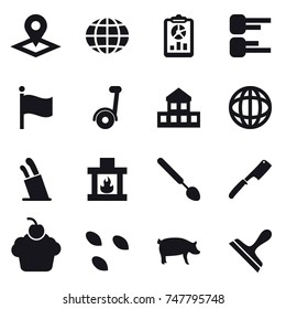 16 vector icon set : pointer, globe, report, diagram, flag, cottage, stands for knives, fireplace, big spoon, chef knife, seeds, pig, scraper