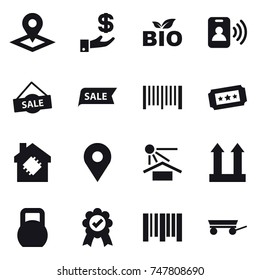 16 vector icon set : pointer, investment, bio, pass card, sale, barcode, ticket, smart house, trailer