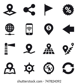 16 vector icon set : pointer, share, flag, percent, globe connect, phone wireless, dollar pin, left arrow, lighthouse, map, handwheel, compass, reload